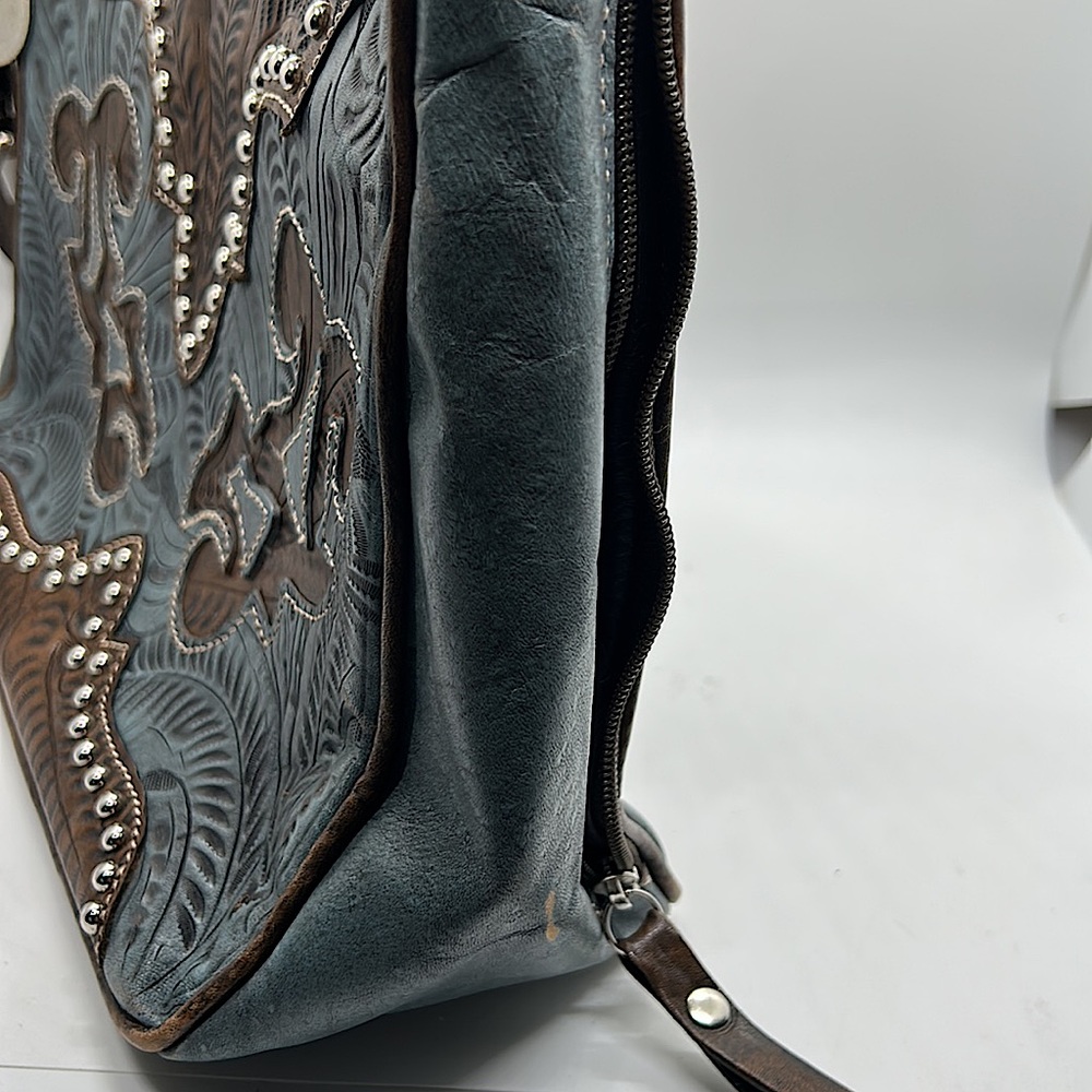 American West Gorgeous Light Blue/Brown Floral Leather Shoulder Bag Purse 🌸🌸 - Picture 5 of 14